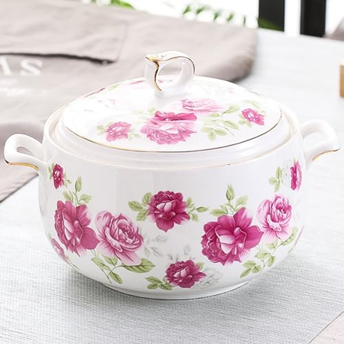 Marmite à Soupe en céramique avec Couvercle Grande capacité Soupière Ronde avec Couvercle et poignées Pâtes Nouilles Ragoût Micro-Ondes et Lave-Vaisselle Porcelaine Blanche Rho