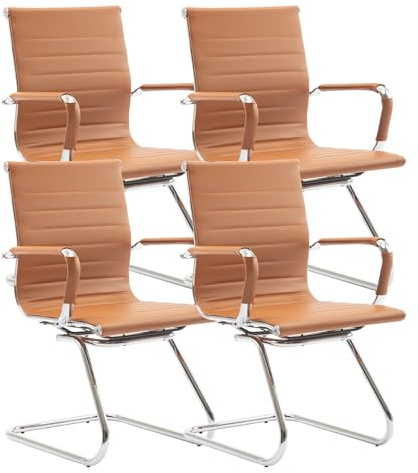 chairus Freischwinger Stühle 4er Set, PU-Leder Konferenzstuhl Braun | Besucherstuhl Ergonomischer mit Armlehnen, Moderner Schwingstuhl mit Chromgestell, Bürostühle Konferenz-Raum/Wartezimmer/Büro