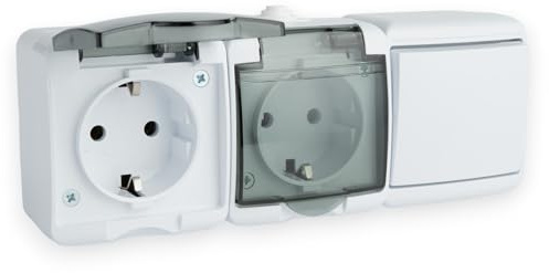 Aufputz 2-Fach Steckdose mit Lichtschalter, IP44, 230V, 16A Weiß | Aufputzsteckdose mit Rauchglas Deckel, Wippschalter, Feuchtraum, Ausschalter, Waagerecht, Staubdicht