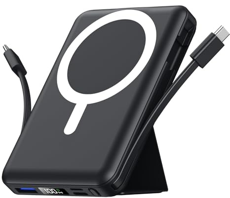 Azmuth for Magsafe Power Bank, 10000mAh Magnetic Battery Pack 20W | Portable Charger 20W PD Fast Charging with USB-C Cables, LED Display with Stand for iPhone 17/16/15/14/13/12 Series (Black)