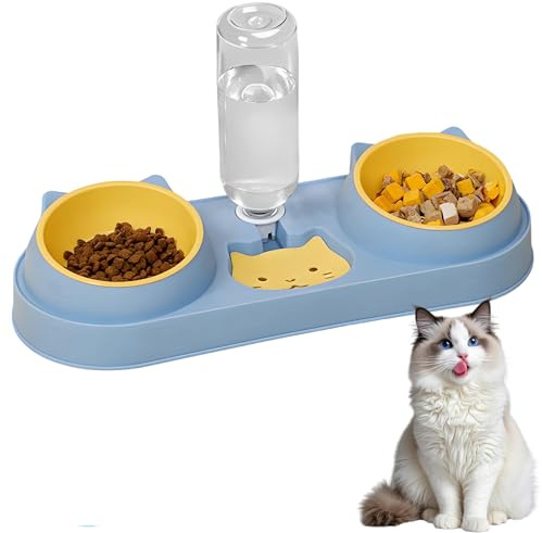 3 in 1 Cat Food And Water Bowl Set - Raised Double Cat Bowls Set with 15° Tilted Stand, Water Dispenser＆2 Pet Food Spoops for Pets Removable, Food Bowl for Cats and Small Dogs, Blue