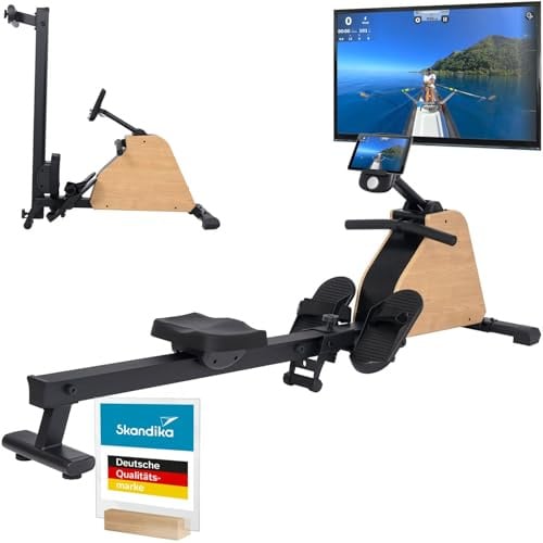 Skandika Rudergerät für Zuhause klappbar Treliv P6 | Rudergeräte Krafttraining, Rahmen aus Eisen, MDF Holz Design, Magnetbremse, 16 Stufen, 20 Programme, Bluetooth & Kinomap App kompatibel, bis 120 kg