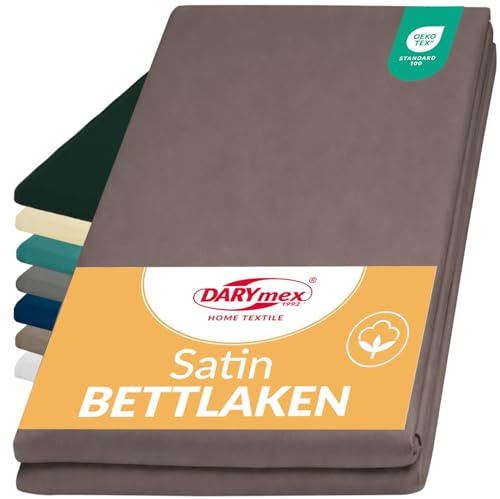 DarymexLaken ohne Gummizug, Baumwoll-Satin, 200x220 cm, Sepia | Flaches glattes Betttuch, glänzendes Baumwolllaken, Satin-Bettwäsche, pflegeleicht, waschbar 60°C
