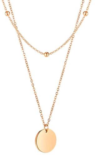 Löb 750 Roségold vergoldet Edelstahl Halskette Kreis Anhänger Mehrreihig Damen Kette Platte Kugeln Modern Minimalistisch Geometrisch Plättchen Gold
