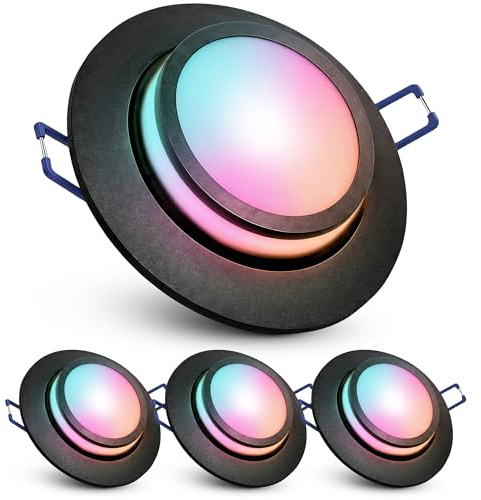 SSC-LUXon LAGO Deckenspot 4er Set schwarz indirekt Smart GU10 WLAN RGBW App | Vier Einbauspots mit indirektem Licht - per App & Alexa steuerbar, RGB-Farblicht, blendfrei für Küche & Flur, inkl. GU10 LED