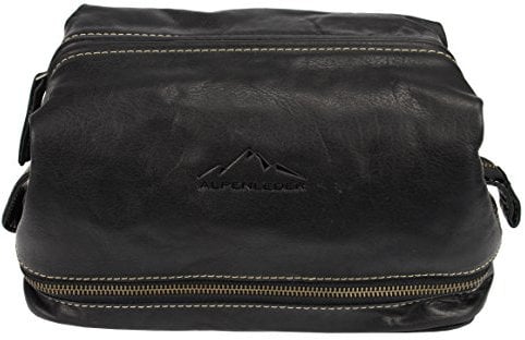 Alpenleder Kulturbeutel LAGO DI COMO (Handgefertigt) - Nachhaltiges Bio-Leder aus regionaler Landwirtschaft | Kulturtasche Damen & Herren, Kulturbeutel leder *Fair Produziert* (27x18.5x14cm, Ebenholz)