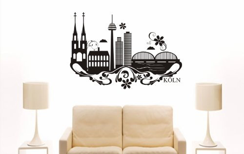 INDIGOS UG - Wandtattoo Wohnzimmer - Wandaufkleber Köln (Deutschland) Design 3-80x55 cm - schwarz e814 Skyline Stadt - Aufkleber Kinderzimmer Schlafzimmer Küche Badezimmer Büro Dekoration