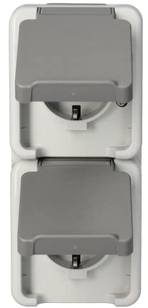 Schneider Electric MEG2329-8029 Schuko-Doppel-Steckdose Aquastar AP WG IP44, 1 Stück, Lichtgrau, 2-Fach senkrecht