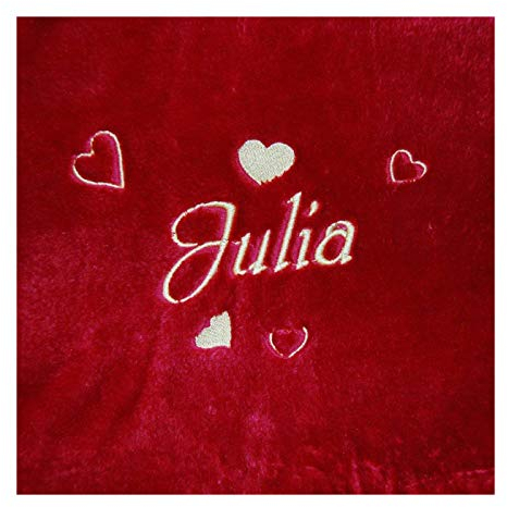 Wohn-und Kuscheldecke mit Herzen und Namen/Wunschtext bestickt, 150 x 200 cm, Farbe rot, Stickfarbe Name gold; Decke, Wohndecke, Tagesdecke; Übermittlung Wunsch siehe Beschreibung