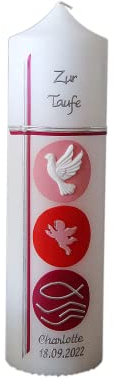 Taufkerze, Kommunionkerze für Mädchen - Rosa, Fisch, Taube, Engel - mit Name und Datum, verschieden Größen vorhanden