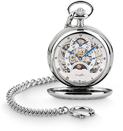Hermann Jäckle Taschenuhr Calw mechanisch mit Handaufzug Skelettwerk I Mineralglas I Qualitätshandwerk inkl. Kette und Reiseetui