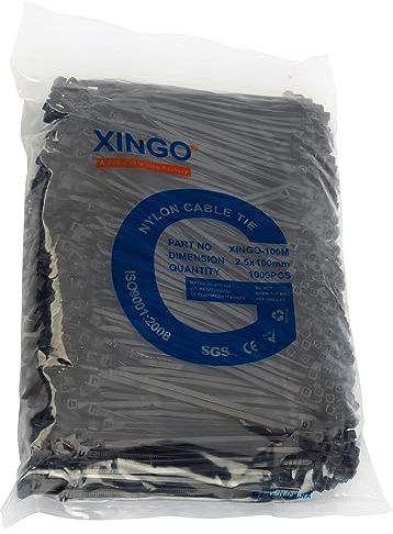 XINGO 1000 Stück Kabelbinder Schwarz, 100mm x 2,5mm, 8,1 kg Zugfestigkeit, kleine Größe, UV Beständig Set für Zur Ordnung von Kabeln, Gartenarbeit, Hause, im Büro, der Garage