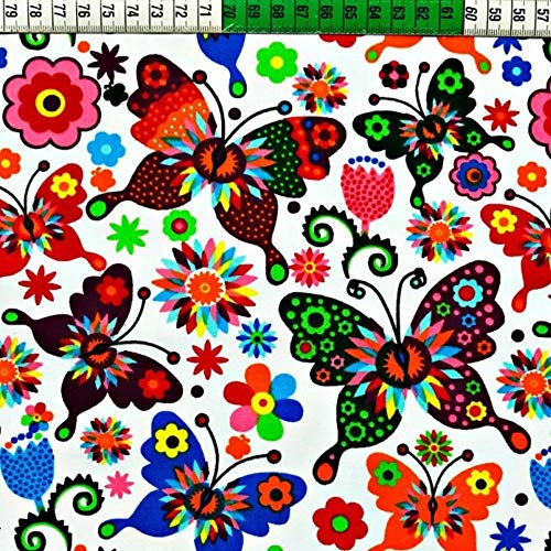 Pingianer 11,99€/m Schmetterling 100% Baumwolle Baumwollstoff Kinder Meterware Handwerken Nähen Stoff (Schmetterling Bunt auf Weiß, 100x160cm (11,99€/m))