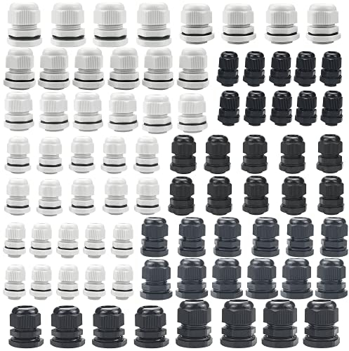Jiehaojia 80Pcs Adjustable Locking Cable Glands, IP68 Waterproof, Nylon, Black & White, PG7/9/11/13.5/16/19