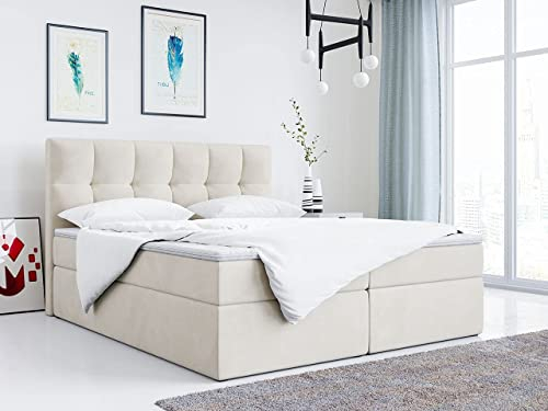 MKS MEBLE Boxspringbett 180x200 mit Bettkasten Beige Samt, Bett mit Matratze H3 Topper, Polsterbett 180x200 mit Bettkasten Kopfteil, Boxspringbett mit Matratze H3, RICO Beige Velvet
