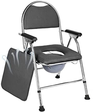 SLRMKK Klappbarer Toilettenstuhl mit Eimer, Edelstahl Toilettenstuhl für Erwachsene für Mobile Toilette am Bett mit Rückenlehne und Armlehnen Höhenverstellbar Schwarz