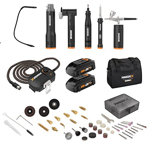 Worx WX996L MAKERX 6 Tool Kit: Rotary Tool, Wood & Metal Crafter, Air Brush, Heat Gun, Grinder and LED Flex Light in Carry Bag