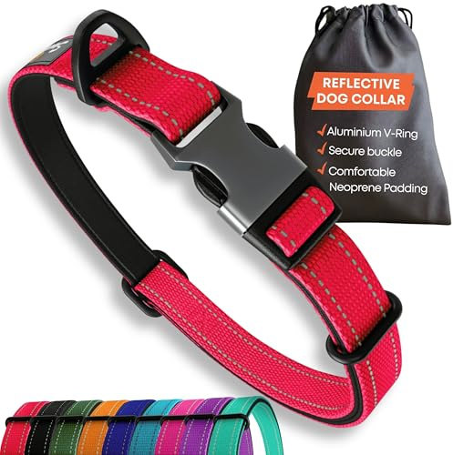 Strong Dog Collar Large Dogs – Red Reflective Adjustable Padded Dogs Collars - Aluminium V-ring Dog Safety