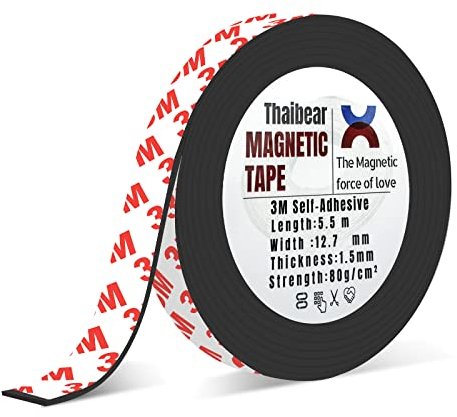 Thaibear Nastro magnetico, rotolo di nastro magnetico flessibile (larghezza 1,2 cm x lunghezza 4,7 m) con forte supporto adesivo 3M, perfetto per fai da te, progetti artistici, lavagne bianche e