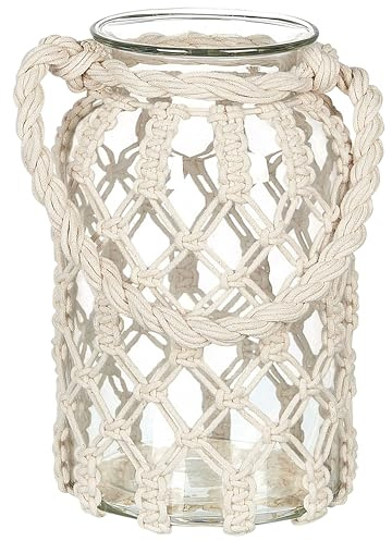 Laterne Glas weiß 31 cm mit Griff Makramee geflochten Tischdeko Boho Jalebi