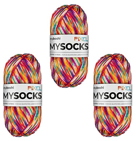 myboshi mysocks Pixel, 6-fädige Sockenwolle, strapazierfähig, Garn aus Schurwolle, filzfrei, 150g, Ll 390m Orange (Spark), 3 Knäuel