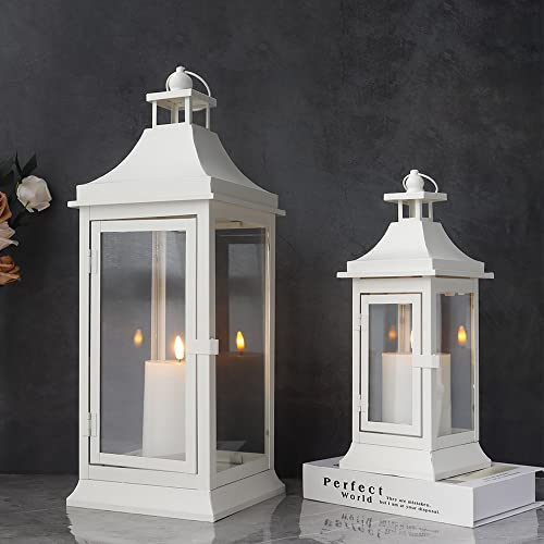JHY DESIGN Set von 2 Outdoor-Kerzenlaternen 50cm & 33cm hoch Vintage hängende Turm Laterne Metall-Kerzenhalter für Garten Wohnzimmer Indoor Outdoor-Partys Hochzeiten Balkon (weiß)