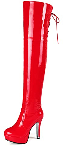 Bviennic Daherren Herren Overknees Lack Boots Stiletto Runde Zehen Mode Plateau Lange Stiefel Mit Reißverschluss Rot Gr 45 EU-47Cn