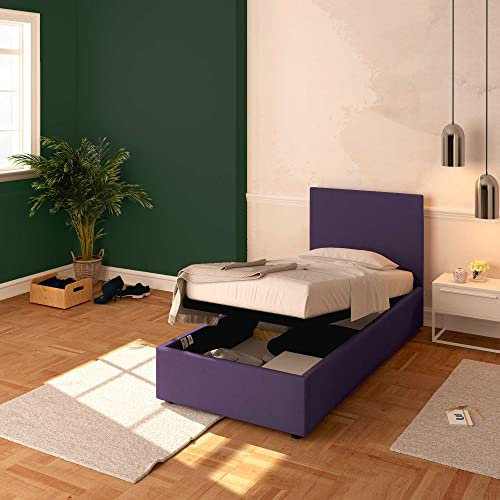 Baldiflex Letto Singolo con Contenitore Modello Rossano in Tessuto, Rete a Doghe, per Materassi Singoli 90x200 cm, Elegante Testiera, colore Viola