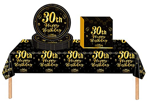 COSORO Black Gold 30th Birthday Plastic Table Cloth,Paper Plates Napkins Tableware Set,37P Decorations Disposable Kit for Women,Men,Lady,Him,Her Gifts Party Décor