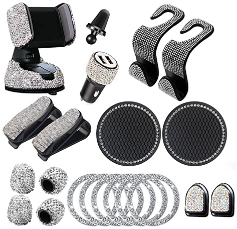 20 Stück Bling Auto Zubehör Innenraum Frauen Glitzer, Bling Autozubehör Bling Car Accessories Brillenhalter für Frauen, Bling Handyhalterung, Bling Zündring, Bling Auto Haken