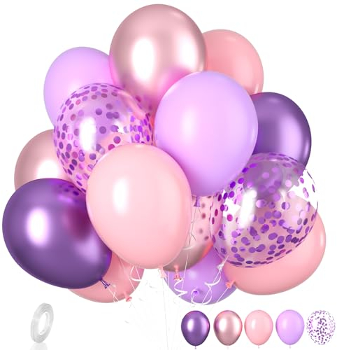 Biapian Pink and Purple Balloons, 20 Pcs Purple Pink Birthday Balloon, 12 Inch Latex Balloon Matallic Confetti Balloons for Butterfly Birthday Decorations