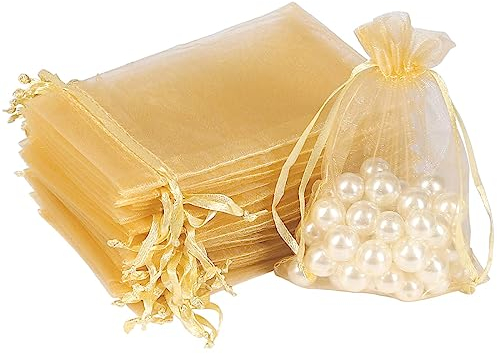 50 Stück Hochzeit Organzasäckchen, 7x9 CM Kleine Geschenk Organzabeutel, Geschenkbeutel Organza, Organza Beutelchen mit Kordelzug, Schmuckbeutel, Hochzeit-Säckchen, Für Party Hochzeit Festival (Gold)