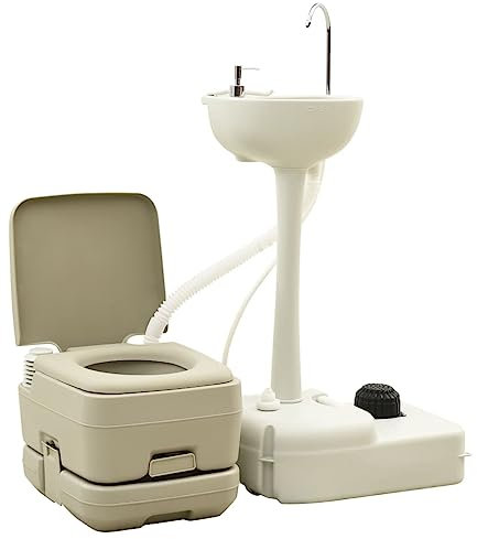 Portable Camping Toilet 10+10L and Handwash Stand 20L Set Grey,Item Colour-Grey and White