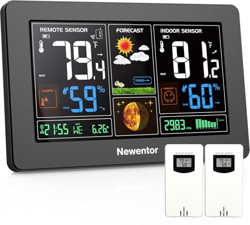 Weather Station - Lifetime Outdoor Sensor Warranty - Vivid 7.6” LCD, Wireless, 330° Viewing Angle - Indoor/Outdoor Thermometer with Atomic Clock, Black