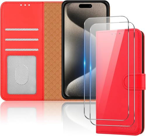 iCatchy for iPhone 15 Pro Case with 2x Screen Protector Leather Magnetic Flip Cover Card Holder Kickstand Feature Full Protection Phone Cover Compatible with iPhone 15 Pro (Red)