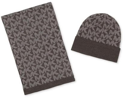 Michael Kors Schal & Mütze SET I Winterschal I Beanie I Wollschal I Wintermütze I One Size I Weiche Acrylwolle I Logo I Grau-Schwarz Metallic I Geschenkkarton 8824