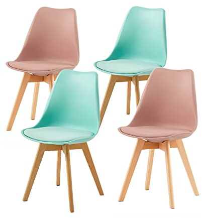 H.J WeDoo 4er Set Skandinavische Esszimmerstühle, Design Küchenstühle mit Kissen, Massives Buchenholz,2Mintgrün+2Rauchrosa