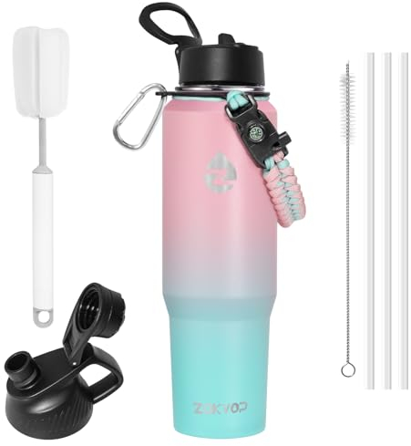 ZAKVOP Thermobecher 1.2L, Trinkbecher mit Strohhalmen und Zwei Deckeln, Thermosflasche mit Paracord-Griff, Trinkflasche Edelstahl Isolierbecher für Becherhalter, Termokaffeebecher to Go Tumbler