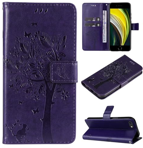 VEEMOS Handyhülle für iPhone 8/7 / iPhone SE 2020 2022 Hülle Klappbar Katze-Baum mit Kartenfach Klapphülle Schutzhülle Handy Tasche Leder Book Flip Case Cover Handytasche Damen - Violett