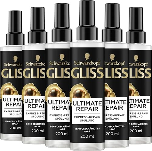 Gliss Express-Repair-Spülung Ultimate Repair (6 x 200 ml), Haarspülung mit Keratin repariert extrem geschädigtes Haar, Pflegespülung mit Hitzeschutz bis zu 230 °C