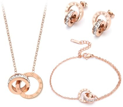 XIWCAFC Jewellery Set for Women Titanium Steel Necklace Stud Earrings Bracelet Set Double Circle Pendant Necklaces Zirconia Jewelry Sets Gift for Her Girls Birthday (Rose gold)