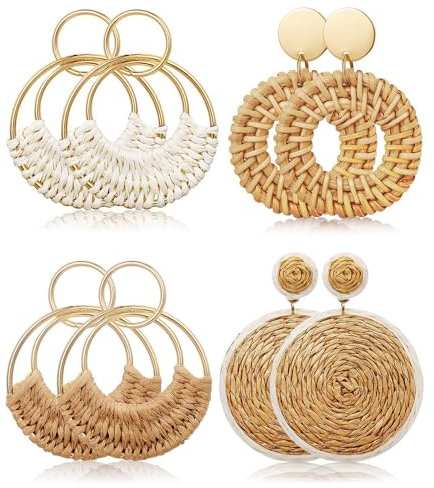 TOEECY Runde Rattan Ohrringe Handgeflochten Boho Stroh Ohrhänger Naturmaterial Schmuck Damen