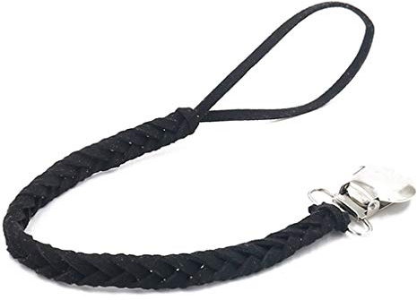 Geflochtene Schnullerkette aus geflochtenem Leder, Legierung, mit Clip, Beißring, Zubehör, Schwarz