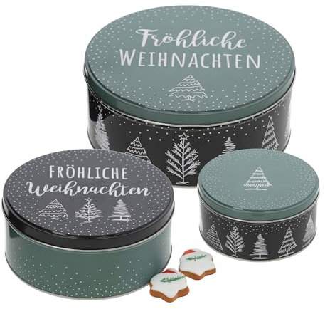Metall Gebäckdose 3er Set grün - FRÖHLICHE WEIHNACHTEN - Runde Keks Dosen ineinander stapelbar - Plätzchen Keks Gebäck Vorrats Geschenk Dose ineinander stapelbar