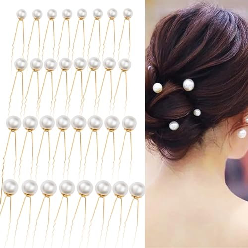 32 Pezzi Capelli con Perlé a Forma di U, Perla da Sposa Fermaglio Forcine Elegante, Wedding Pearl Hair Pins Copricapo da Sposa Accessori, 4 Taglie Perla per Ballo di Fine Anno, Festa