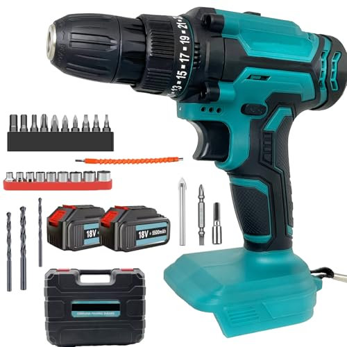 Akku Bohrschrauber mit 2x 3.0AH Akku, Ersatz für Makita 18V Akku, 25+3 Drehmomenteinstellung, 2-Gang, 1400rpm, 26tlg Zubehör, für Haus und Garten DIY Projekt
