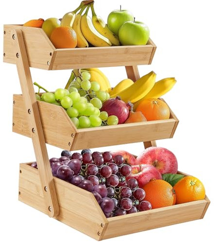 Trintion Vegetable Rack 3-Tier Bamboo Fruit Basket Bowl Holder Fruit Rack Holder Organiser for Countertop Decorative Fruit Bowl Vegetables Bread Storage Stand for Kitchen Home Decorative Storage