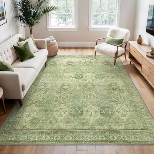 BEIMO Vintage Waschbarer Teppich Wohnzimmer, 200x290cm Grasgrün | Boho Orientalisch, Großer Weicher Kurzflor Carpet mit Rutschfester für Küche und Bettvorleger Schlafzimmer