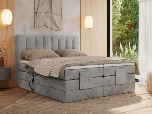 MKS MEBLE Boxspringbett 180x200 elektrisch verstellbar 7-Zonen Taschenfederkern Matratze und TopperBett mit Motor Polsterbett Motorbett - Comforto - Hellgrau Velvet - H3
