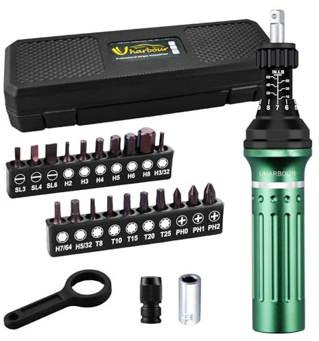 Uharbour Torque Screwdriver 10-60 in.lb, Torque Screwdriver Set with 1/4 Elastic Bit Holder, 1/4 Bit Adapter, Flat, Hex, Torx and Philips Bits, Suitable for Gunsmithing, DIY, Bicycle Maintenance